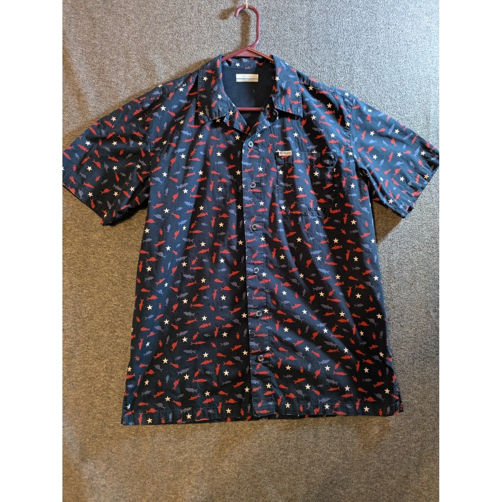 Columbia Shirt Mens Navy PFG Short Sleeve Button Up Fishing Small Vented Outdoor